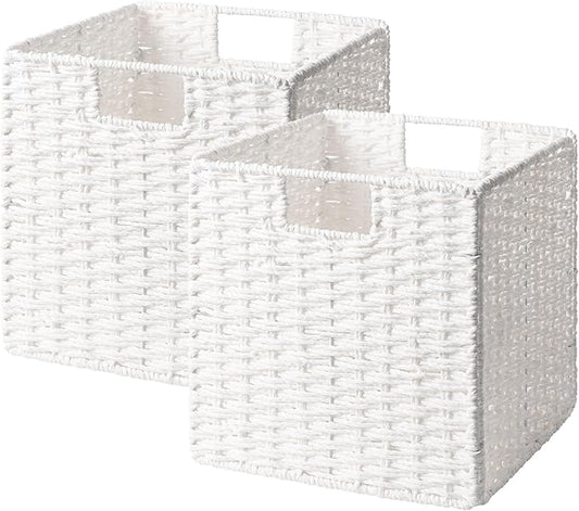 StorageWorks 11 inch Wicker Storage Cubes, Handwoven Cube Storage Bin, Square Cubes Basket, Foldable Paper Rope Basket for Organizing, White, 2 Pack