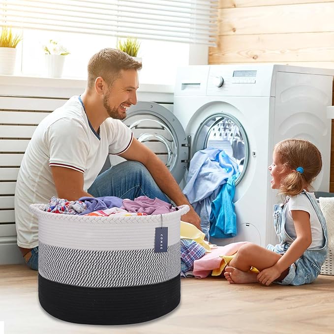 COMSE Extra Large Blanket Basket, Woven Laundry Basket, 21.7âx 13.8â, Nursery Hamper, Cotton Rope Laundry Hamper Living Room for Storage Toys Clothes Towels (White &Gray &Black)