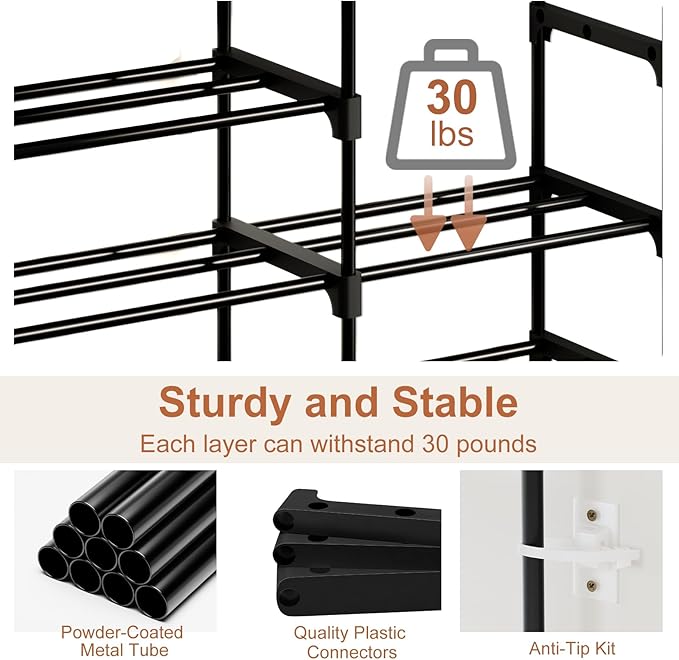 Tall Shoe Rack, 10 Tier Large Shoe Rack Organizer with 2 Drawers, Shoe Storage for 36-40 Pairs, Sturdy Metal Shoe Shelf Shoe Stand for Closet Entryway, Rustic Brown and Black