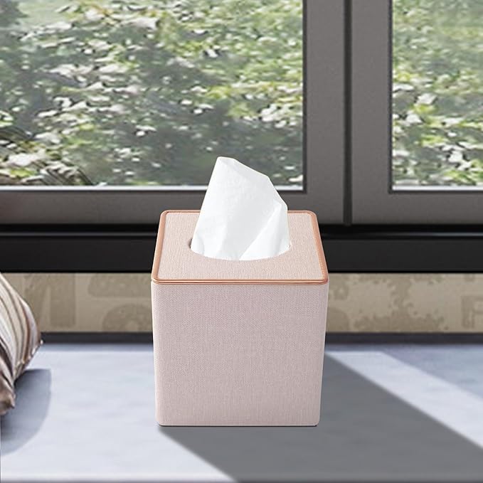Linen Square Tissue Box Cover,Cube Tissue Box Holderï¼Excellent Rosegold Leather Decoration,Table Napkin Case Dispenser,Facial Tissues Organizer with Magnetic Bottom for Home Office Car(Beige)