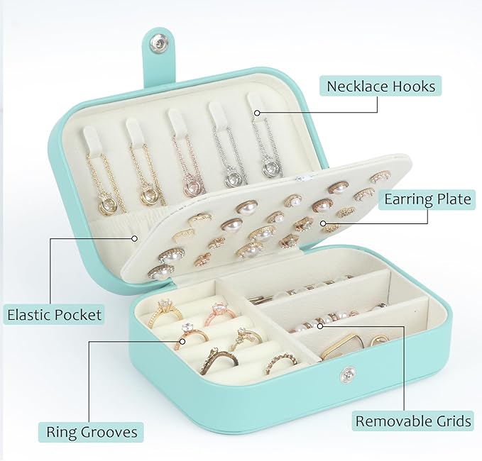 Hatori Travel Jewelry Box, PU Leather Small Jewelry Organizer for Women Girls, Portable Mini Travel Case Display Storage Holder Boxes for Stud Earrings, Rings, Necklaces, Bracelets