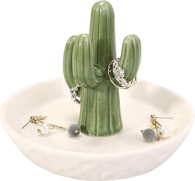 HOME SMILE Ceramic Cactus Ring Holder with Derorative White Dish for Jewelry,Christmas Birthday Gifts for Women