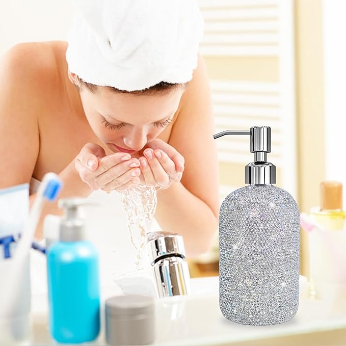 SlowVibes 18Oz Bling Glass Soap Dispenser with Rust Proof Stainless Steel Pump,Refillable Liquid Hand Wash Bottle for Bathroom Kitchen,Sparkle Decorative Shower Dispenser,Rhinestone Lotion Dispenser