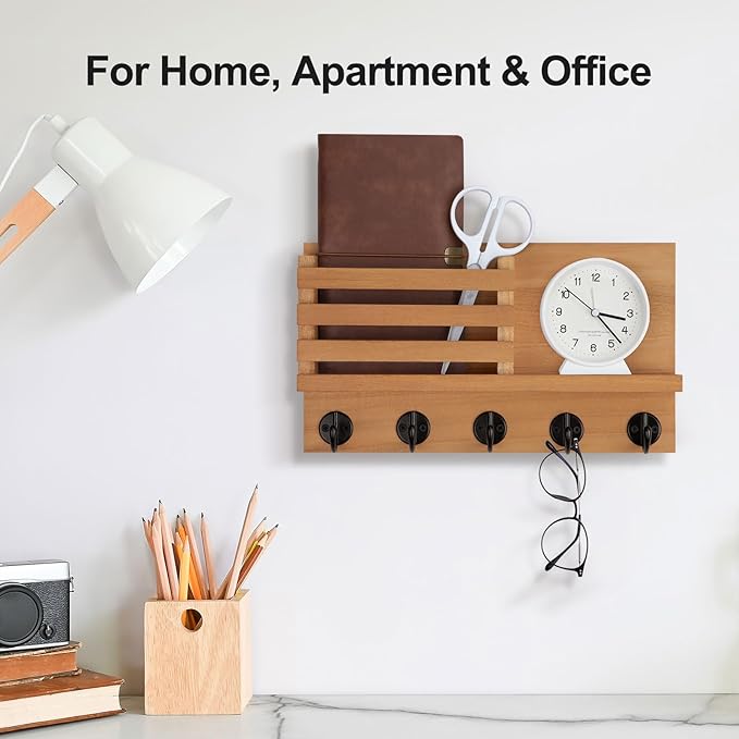 Key Holder for Wall – Decorative Wooden Mail Holder and Key Shelf with Mounting Hardware, Installation Guide – Paulownia Wood with 5 Metal Key Hooks (11.8” x 6.7” x 2.8”) (Light Brown)