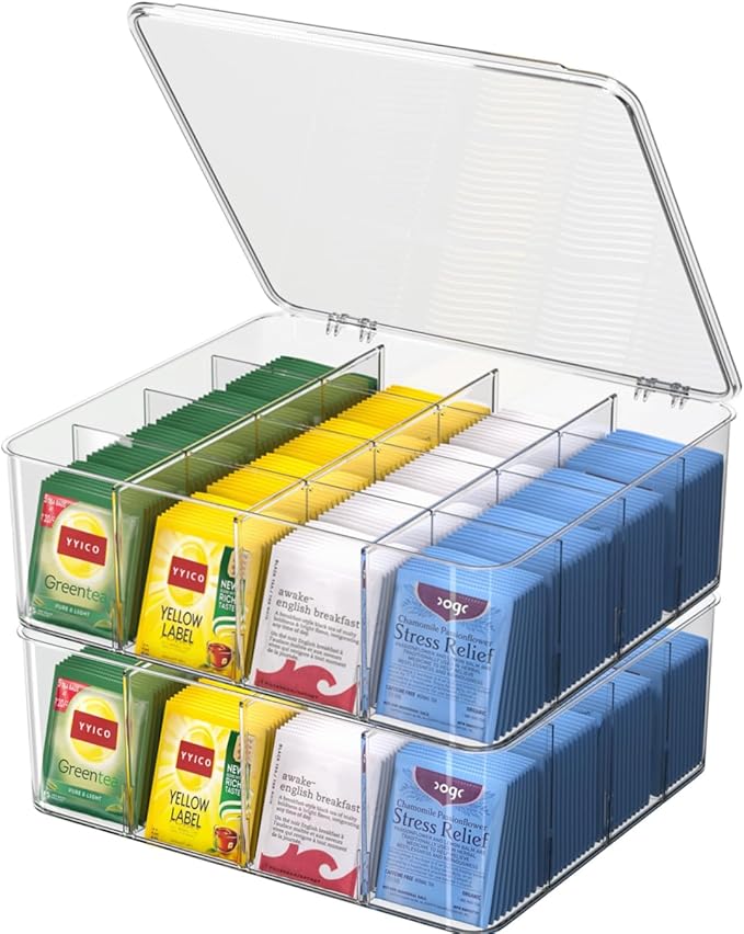 Tea Bags Organizer with Lids - Acrylic Tea Packet Organizer for Countertop Pantry, Stackable Clear Storage Box - Large 2pcs