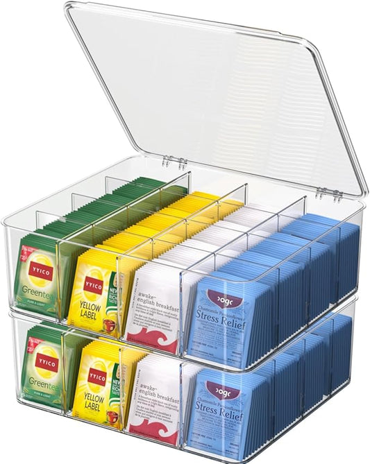 Tea Bags Organizer with Lids - Acrylic Tea Packet Organizer for Countertop Pantry, Stackable Clear Storage Box - Large 2pcs