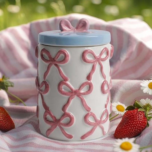 Cookie Jars with Lid Airtight, 42 OZ Large Ceramic Food Storage Containers, Cute Pink Bow Kitchen Canisters for Countertop, Suitable for Home Decor of Coffee, Sugar, Tea, Flour, Dog Treat (7.5 inch）