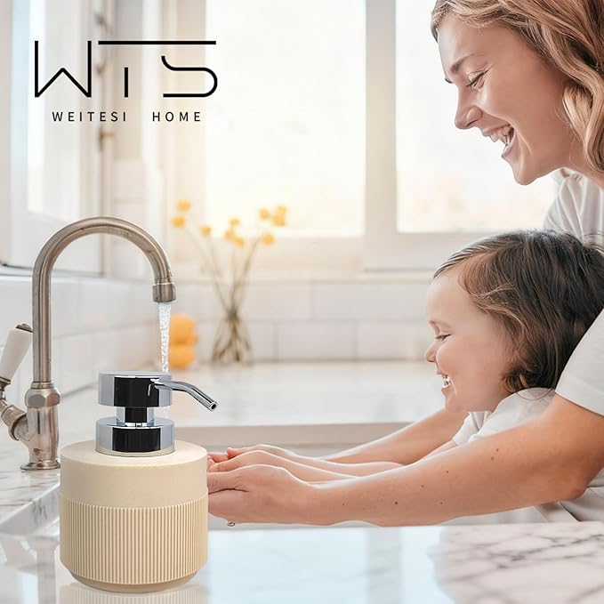 12.5oz Resin Soap Dispenser for Bathroom Countertop, Refillable Hand Soap Lotion Dispenser with Rust Proof Pump for Kitchen Countertop, Easy-to-Press, Cream