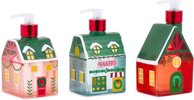 Simple Pleasures Christmas Holiday Village 3 Pack - Frosted Strawberry, Snow Flurries, Peppermint Swirl Scented Decorative Refillable Soap Dispensers for Kitchen Countertops and Bathroom Sinks