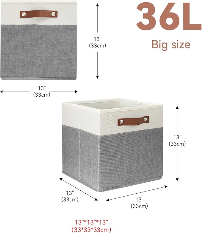 SNWDN 6 Pack Large Fabric Storage Baskets for Organizing Collapsible Fabric Storage Bins with Handles for Home and Office Organizing ((White/Grey 13x13x13 Inches)