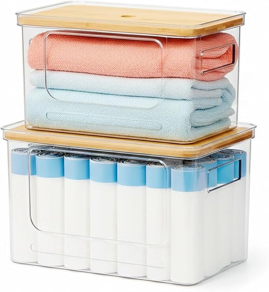 2-Pack Trash Bag Holder,Trash Bag Dispenser with Bamboo Lid, Stackable Acrylic Garbage Bag Dispenser for Under Sink Use in Kitchen, Laundry Room, and Pantry, Large Capacity Garbage Bag Holder