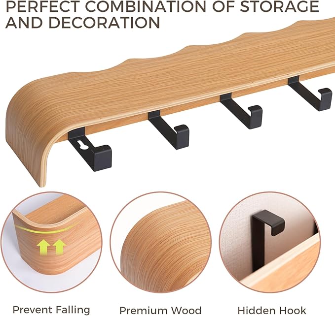 Wall Coat Rack Floating Shelves Modern Coat Rack Wall Mount with Storage Entryway Shelf Wooden Hanger 20 Inch 4 Hidden Metal Hooks for Living Room Bedroom (Wavy Oak, 8 Hooks)
