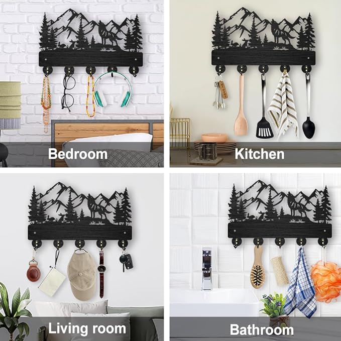 MAYJOYDIY Wolf Rabbit Forest Coat Hooks Wood Animal Moutain Key Holder Wall Mount 11.8×7.9inch Key Hanger Wall Art Decor 5 Alloy Hooks Black Key Rack Organizer for Gift Entryway Hallway Kitchen Room