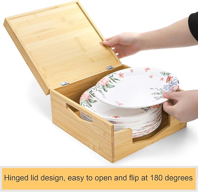Yarlung Bamboo Paper Plate Dispenser Holder for 8-10 inch Plates and Air Fryer Liners, Portable Stackable Disposable Plates Organizer for Kitchen Cabinet and Countertop Storage