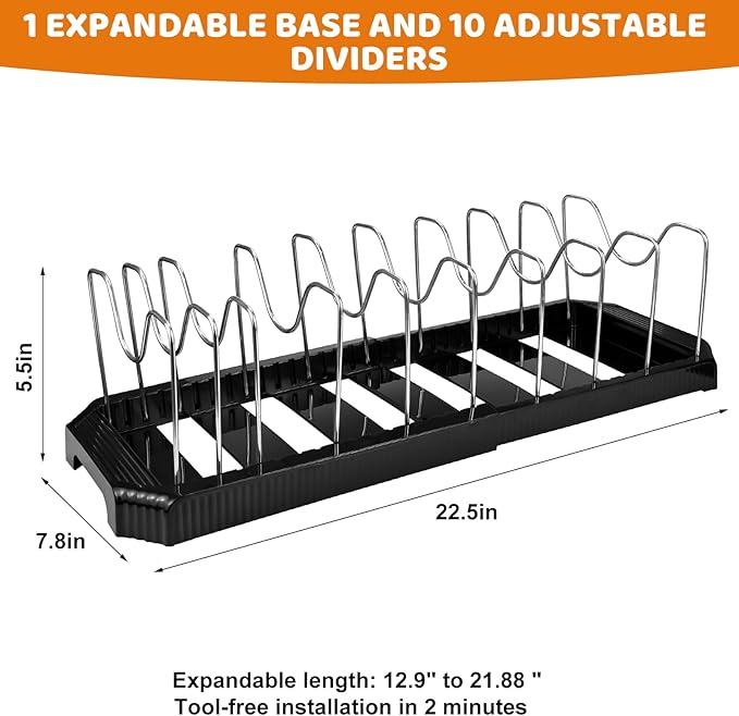 Pots and Pans Organizer Under Cabinet, 10-Slot Expandable Pot Rack Organizer with Cup Brush, Kitchen Pots and Pans Organizer for Cookware, Lids, Bakeware, Cutting Boards Tool-Free Installation (Black)