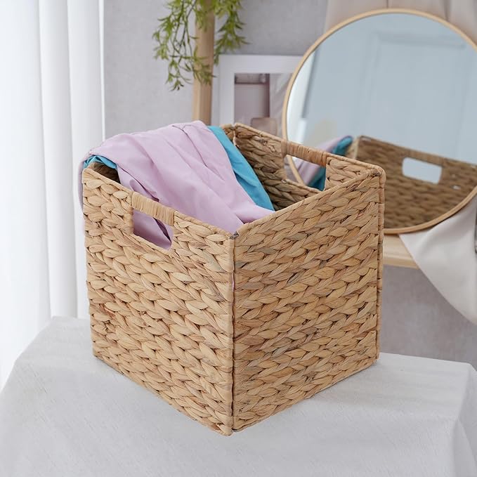 Foldable Wicker Storage Baskets 4-Pack, 11.2 Inch Collapsible Woven Cube Organizer Bins, Hyacinth Storage Baskets for Home, Shelf, Closet, Office Organization