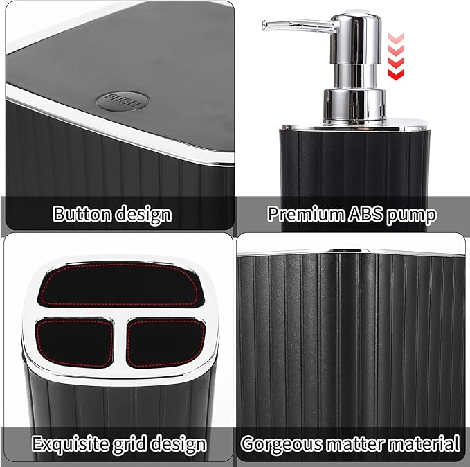 Bathroom Accessories Set - Gorgeous Bathroom Set, 10PC Black Bathroom Accessory Set, Toilet Brush, Trash Can, Qtip Holder & Soap Dispenser