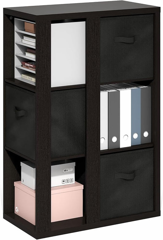 Furinno Viola Book Shelf, 3-Tier Bookshelf, Cube Storage Organizer Bookcase with Open Shelf, with Storage Bins, 13.6 x 29.3 x 43.8, for Living Room, Bedroom, Home Office, Dark Oak/Black