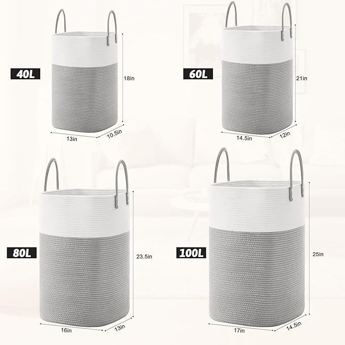 Laundry Basket,Woven Cotton Rope Laundry Hamper,Versatile Storage for Dirty Clothes,Baby Toys,and Blankets in Bathroom, Nursery,and Living Room (Grey, 100L)