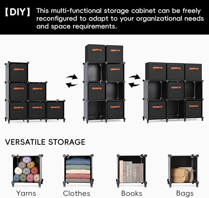 Cube Storage Organizer with Storage Bins, 6-Cube Shelves Units with 6 Organizer Bins, DIY Plastic Storage Shelves with Mallet, Closet Clothes Storage Shelves for Home, Bedroom, Living Room