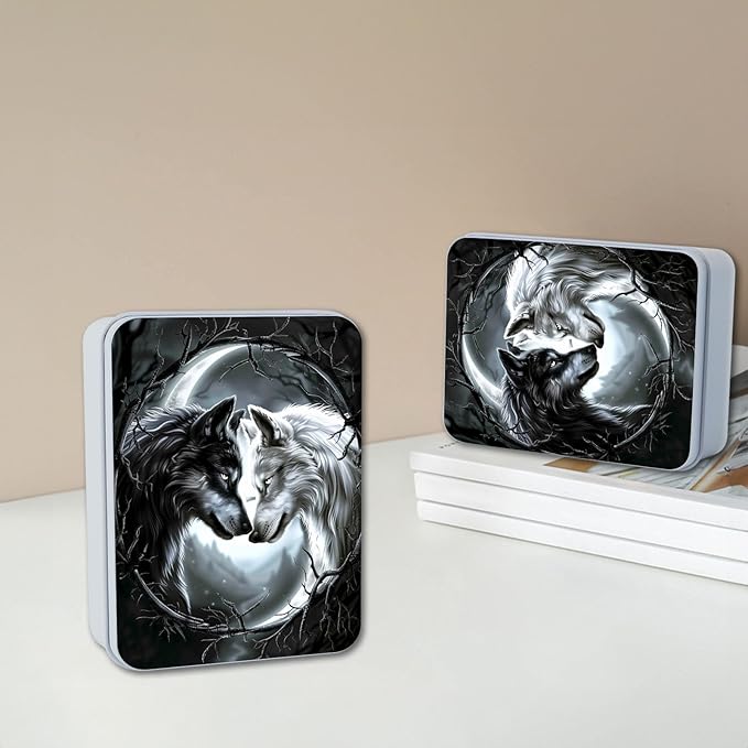 Metal Tin Box with Lid,Multi-functional Storage Large Box Can Store Tea Biscuits Game Cards, Playing & Tarot Cards-Comes with 4 Magnetic Cord Clips,Black and White Twin Wolves