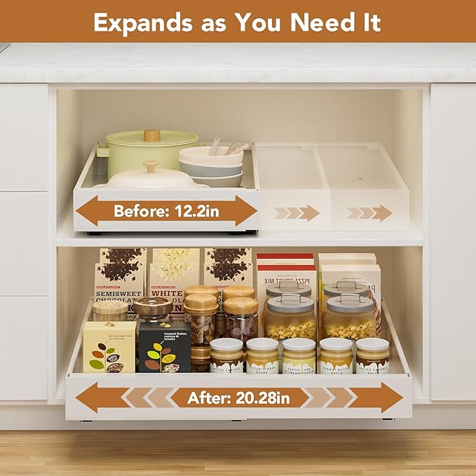 1 Pack Pull-Out Cabinet Organizer, 21" Deep, Expandable (12.2"-20.3"), Slide-Out Drawer for Kitchen Cabinet with 2 Cleaning Cloths, Roll-Out Shelf for Pantry, Bathroom, 3 Slide Rails, White