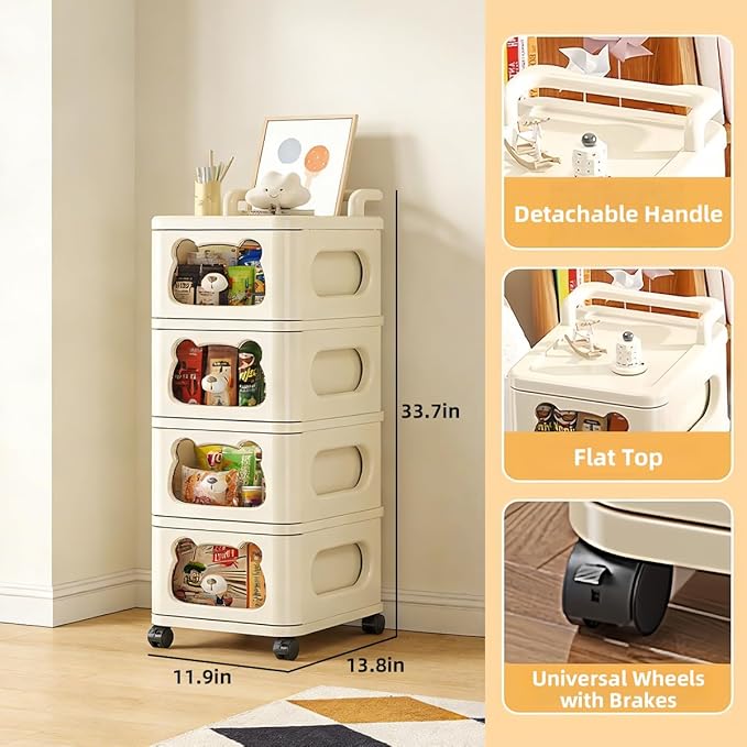 Drawer Storage Organizer, Rolling Storage Cart with 4 Drawers, Plastic Drawer Tower Organization Storage Container with Wheels for Home, Bathroom, Kitchen, Entryway, Office, Dorm
