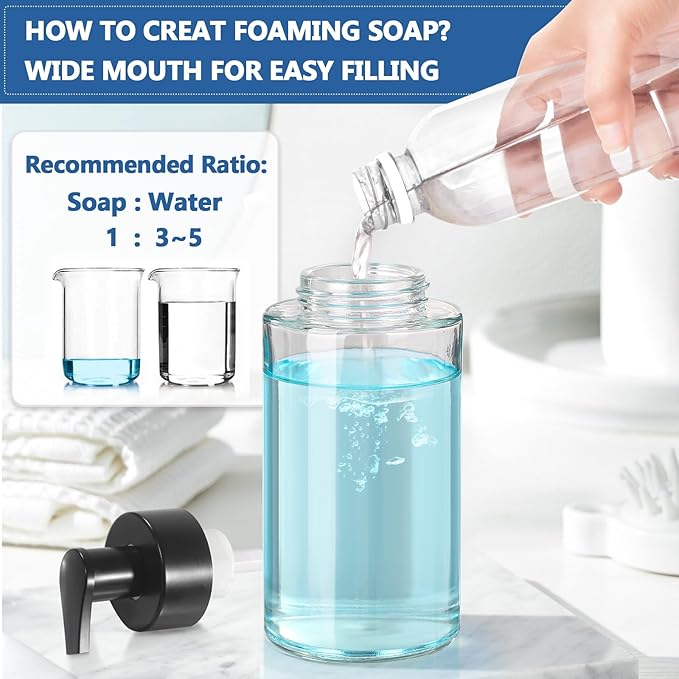 Foaming Soap Dispenser, 10 oz/300ml Foaming Hand Soap Dispenser, 4 Pack Glass Dispenser for Bathroom & Kitchen, Clear Refillable Foam Dispenser Bottle with Waterproof Labels