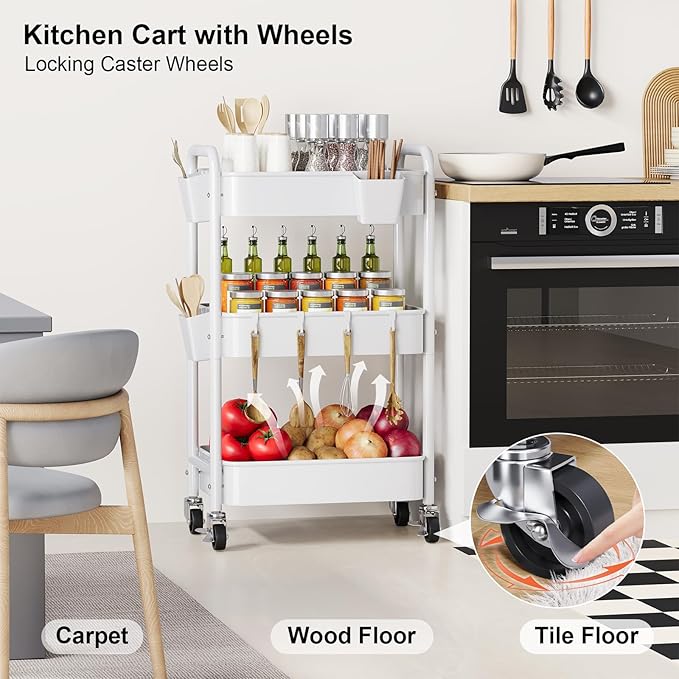 3 Tier Rolling Cart Metal with Wheels, White Three Tiered Storage Cart on Wheels, Utility Trolley Carts Organizer for Kitchen Storage, Pantry, Snack, Craft, Art, Lash, Makeup, Bathroom, Dorm Supply