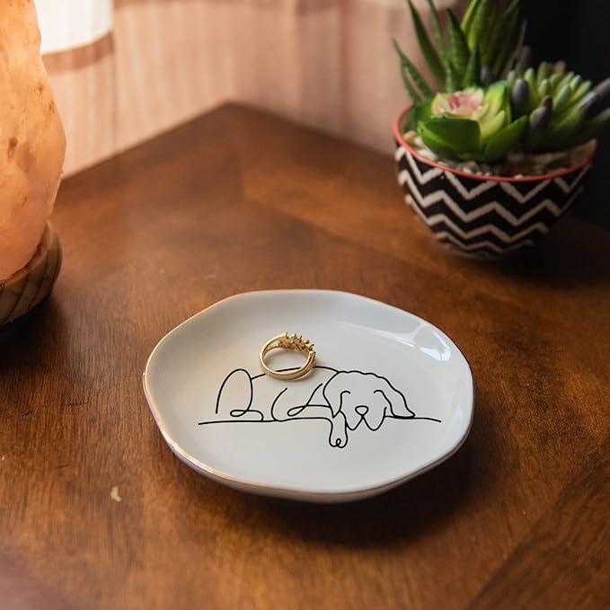 HOME SMILE Sleeping Dog Ring Dish Jewelry Tray, Christmas Gifts for Dog Mom, Ceramic White, 4"