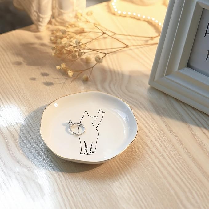 HOME SMILE Long Tail Cat Ring Dish Jewelry Tray for Women,Chritsmas Valentine's Gifts for Cat Lovers,Ceramic White,4"