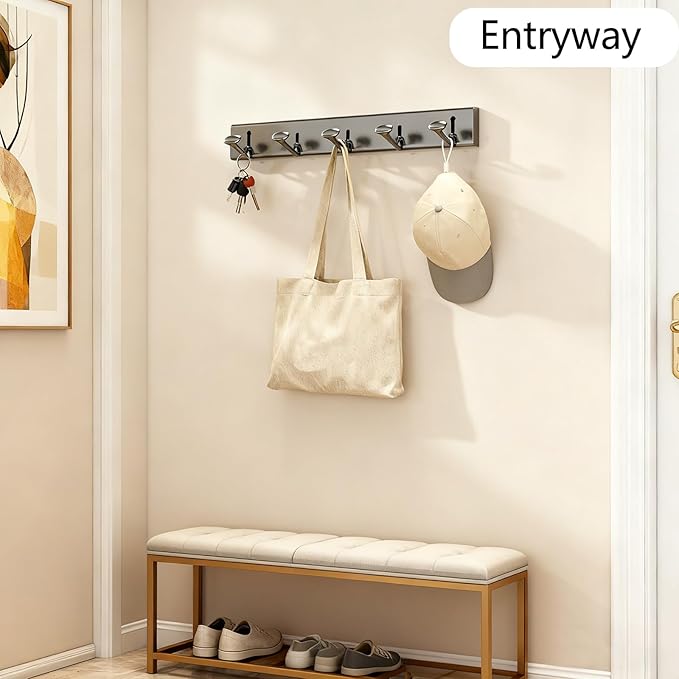 Foldable Coat Rack Wall Mount Hooks Grey Coat Rack with 5 Hooks Wall Hooks for Hanging Hat Key Bag Towel Coat Holder Towel Hooks for Bathroom Entryway Bedroom Kitchen Utility Room