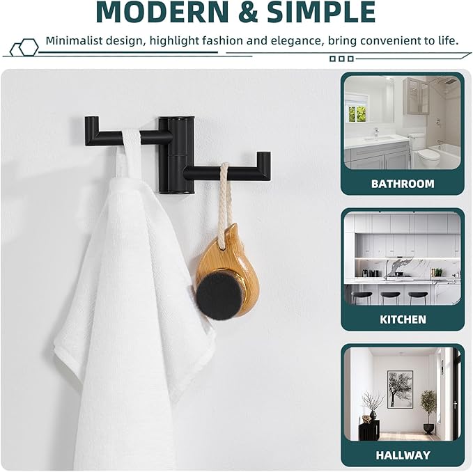 Suyar Matte Black Double Towel Hook, SUS304 Stainless Steel Bathroom Robe Coat Hook with 2 Swivel Arms, Rotating Towel Holder for Kitchen RV Storage, Wall Mounted