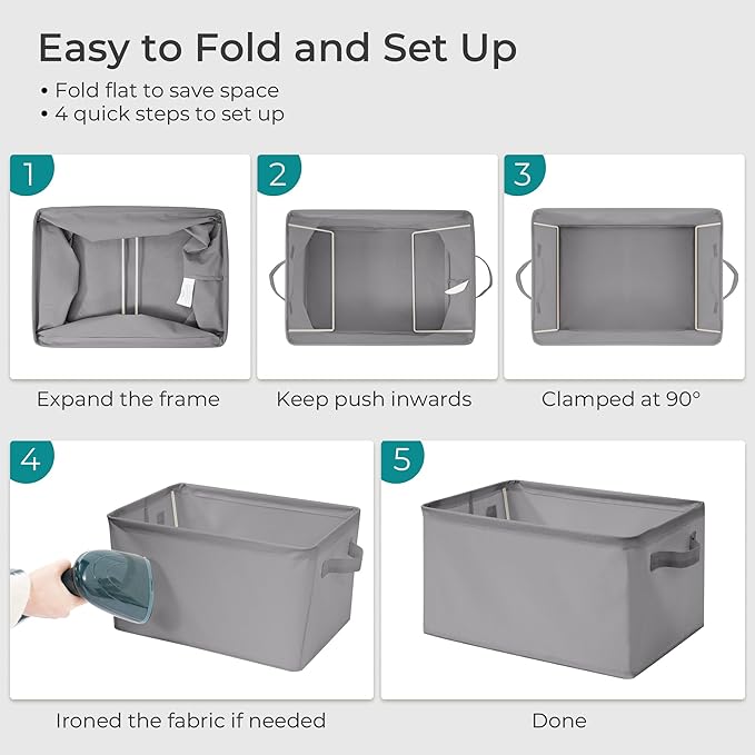 Storage Basket Bins with Metal Frame, Large Collapsible Fabric Storage Baskets for Organizing Shelf, Basket Organizer W/Handles for Blankets, Towels, Laundry, Shelves, 5-Pack, Gray