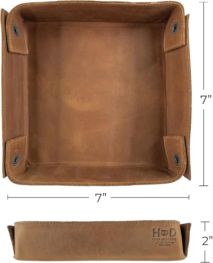 Hide & Drink, Leather Catchall Change Keys Coins Jewels Box Tray Big Storage, Handmade, Single Malt Mahogany