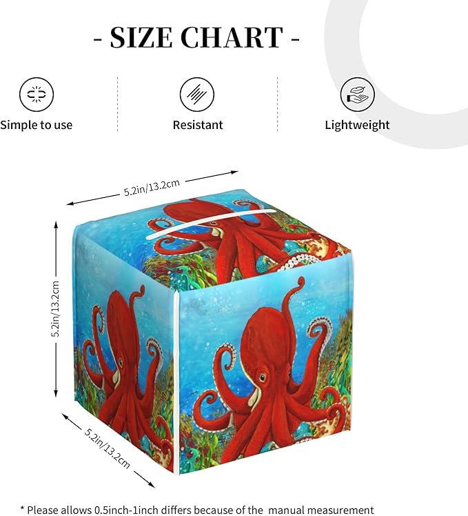 Tissue Box Holder Cartoon Octopus Tissue Box Cover Square Leather Tissue Holder Organizer Portable Decorative Facial Paper Case for Home Office Bathroom Vanity Countertop