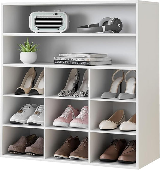 Garden 4 you Shoe Rack Organizer, 5-Tier Wood Cubby Shoe Rack with 2 Storage Shelf and 9 Cubbies, Shoe Organizer Cabinet for Entryway, Hallway, Closet and Garage, White