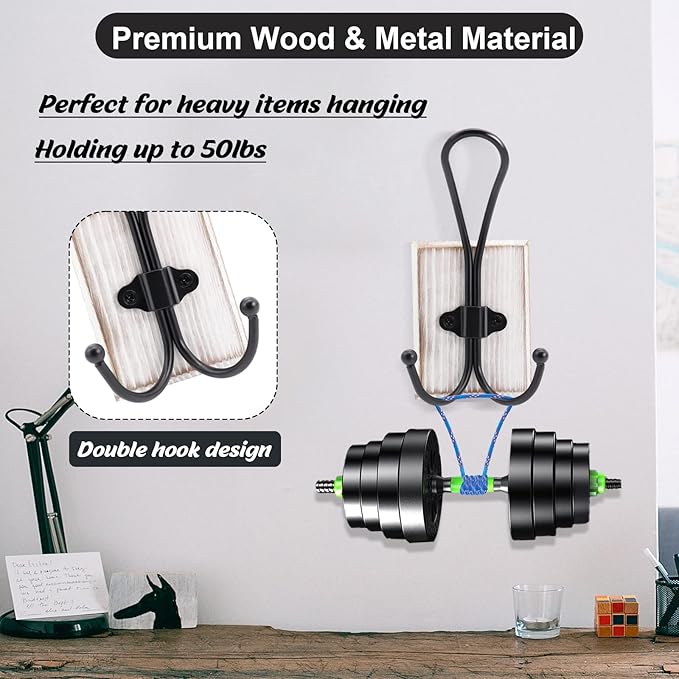 Wall Hooks for Hanging Heavy Duty, 2 Pack Farmhouse Double Towel Hooks for Bathrooms Wall Mounted, Rustic Decorative Wood Coat Hooks Hanging Keys Robe Hat for Kitchen, Entryway (Weathered White)