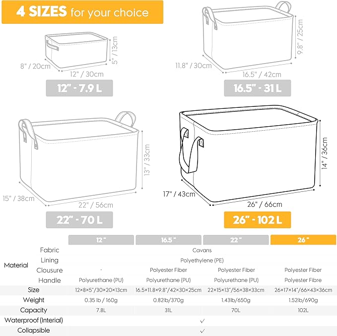 Hinwo 102L XXL Storage Bins, 4-Pack Closet Organizers and Storage, Foldable Clothes Storage Baskets with Handles, Containers for Clothing, Blanket, Comforters, Toys, Bedding (White)