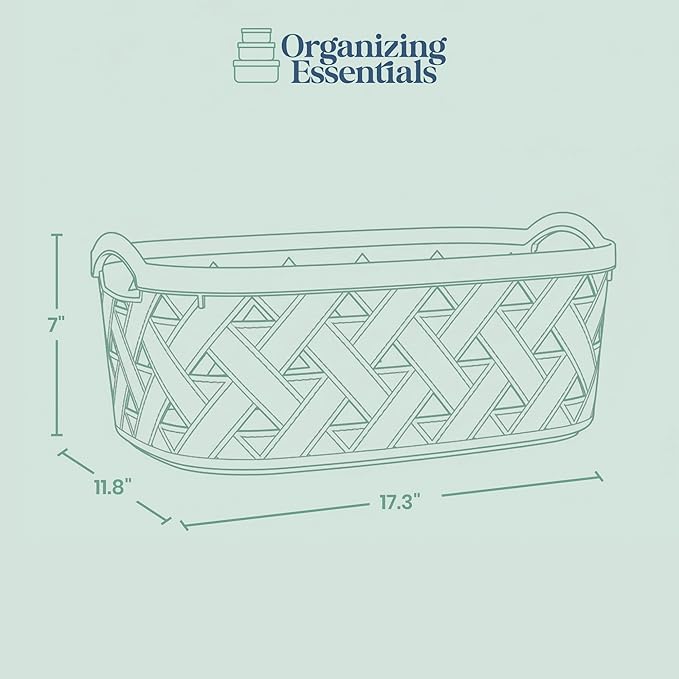 Extra-Large Plastic Storage Basket with Handles – Blue & Cream Decorative Bin for Bathroom, Living Room, or Laundry – Designer Leather Pattern Organizer Basket, 16.7L