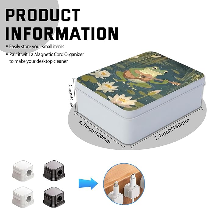 Metal Tin Box with Lid,Multi-functional Storage Large Box Can Store Tea Biscuits Game Cards, Playing & Tarot Cards-Comes with 4 Magnetic Cord Clips,Frog Playing Guitar