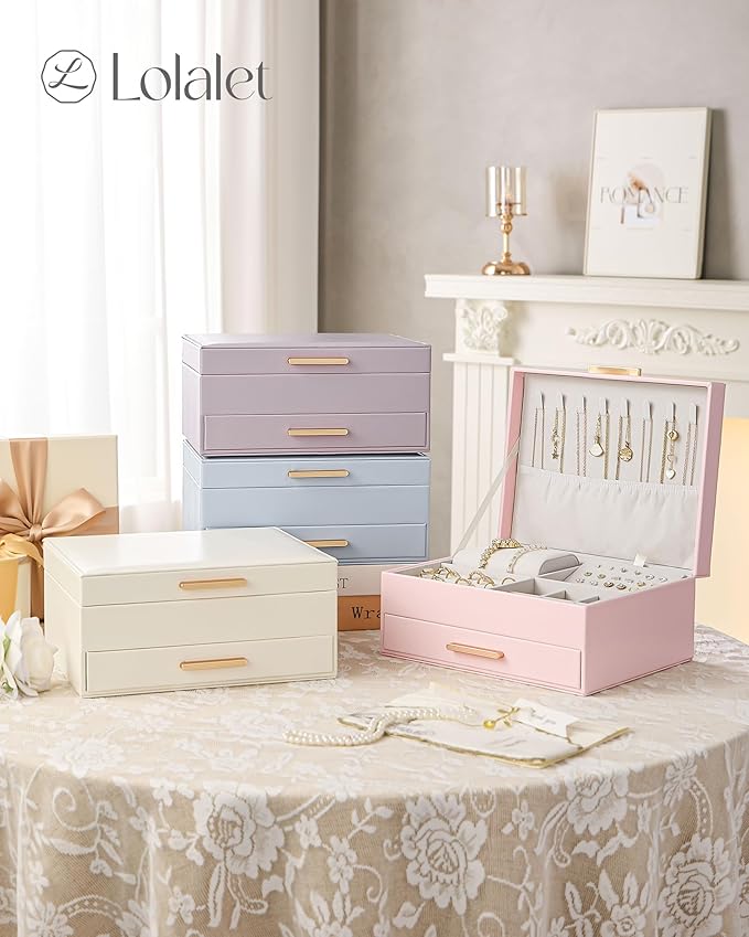 Lolalet 2-Layer Jewelry Box Organizer for Women Girls, Jewelry Storage Case Holder with Drawers for Necklaces Ring Earrings Bracelet Watch, Gifts for Galentines Valentines Girlfriend Wife -Pink