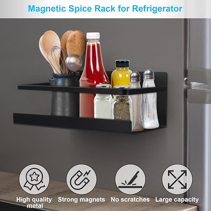 Seropy Magnetic Spice Rack Organizer, 2 Pack Magnetic Shelf for Refrigerator, Spice Organizer for Spice Jars Fridge Seasoning Organizer Spice Holder with 4 Hooks for Kitchen Organization and Storage