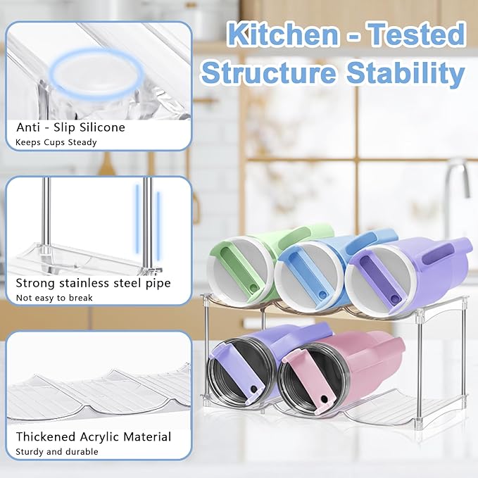 Stackable Water Bottle Organizer - Stanley Cup Holder for Cabinet Large Water Bottle Holder, Kitchen Pantry Organizers and Storage for Stanley Tumbler 40oz, Clear Tumbler Storage Organizer, 2 pack