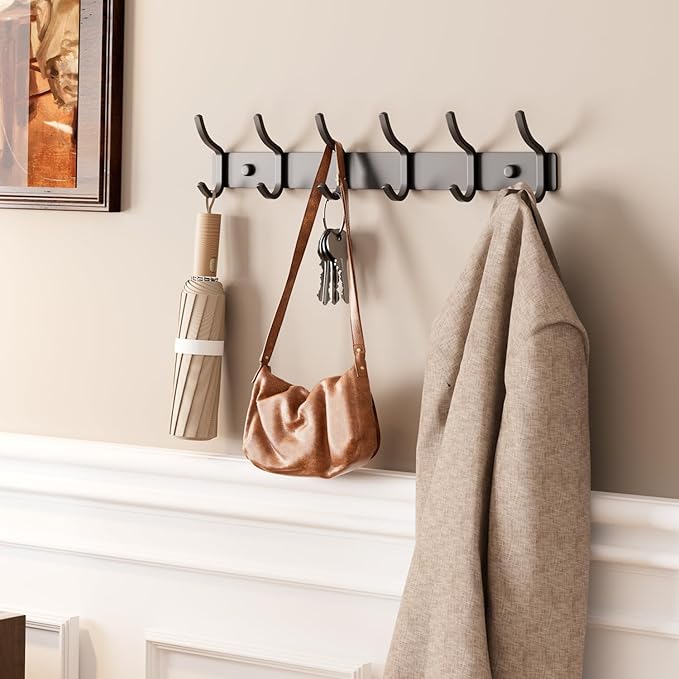 Black Coat Rack Wall Mount - 15 Inch Arc Shaped Design with 6 Hooks for Hanging Coats, Bags, and Towels in Entryway, Livingroom, Bedroom, Bathroom, and Kitchen, 2 Pack