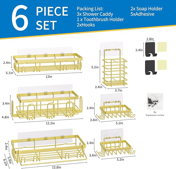 Shower Caddy 9 Pack,Adhesive Organizer for Bathroom Decor Accessories & Kitchen Storage,No Drilling,Large Capacity,Rustproof Stainless Steel Organizer,Home Decor Shelves (Yellow 9 Pack)