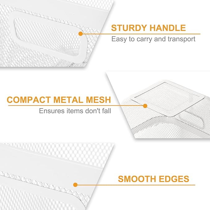 4 Pack Metal Mesh Basket with Hollow Handles White Wire Storage Bin for Organizing Stackable Metal Fine Mesh Basket for Pantry Bathroom Kitchen Cabinets Shelves (Large)