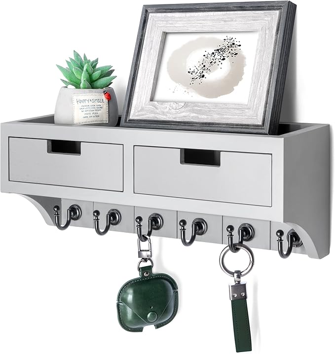 Rebee Vision Key Holder Wall Mount with 2 Drawer Organizer : Mail Organizer for Wall with 6 Key Hooks & Shelf - Stylish Apartment Essentials for Aesthetic Room Decor (Light Gray)