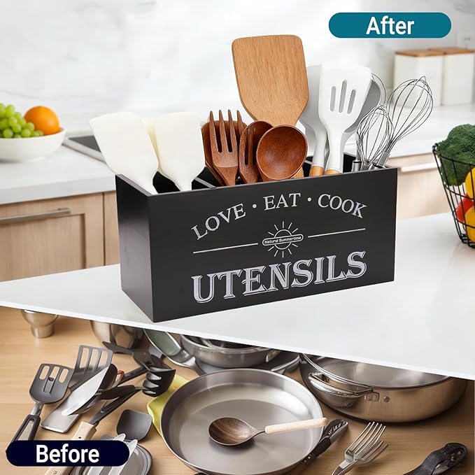 2 PC Wooden Utensil Holder,（With 4-Compartments size*1 + 3-Compartments size*1） Extra Large Kitchen Counter,Cooking Spatula Organizer,Farmhouse Decor, Rustic Cooking Utensil
