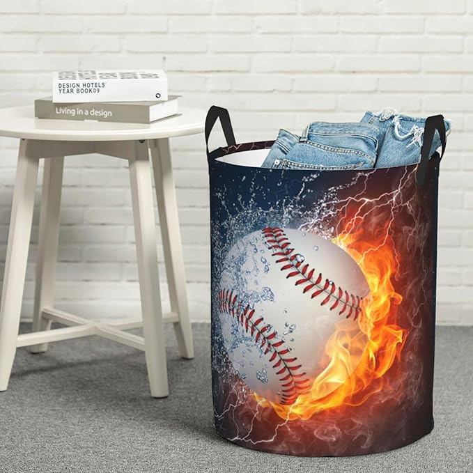 Sport Baseball Ball In Fire And Water Round Laundry Hamper Storage Basket Toys Clothes Organizer Bin For Home Bathroom Bedroom Dorm Nursery, 38l